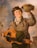 A young person with short hair smiles while holding a rustic, stringed musical instrument in one hand and a green hat in the other. The clothing appears worn and patched, suggesting a historical or rural setting. The background includes a softly painted sky with some foliage visible.