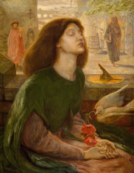 A serene figure dressed in green sits with closed eyes, suggesting a sense of peace or contemplation. A small bird offers a red flower, possibly symbolizing a gesture of love or peace. In the background, two robed figures are visible, one holding a flame, adding an element of mystery or religious symbolism. A sundial is situated nearby, possibly representing the passage of time.