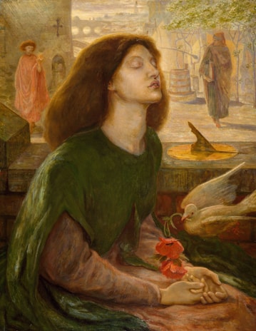 A serene figure dressed in green sits with closed eyes, suggesting a sense of peace or contemplation. A small bird offers a red flower, possibly symbolizing a gesture of love or peace. In the background, two robed figures are visible, one holding a flame, adding an element of mystery or religious symbolism. A sundial is situated nearby, possibly representing the passage of time.