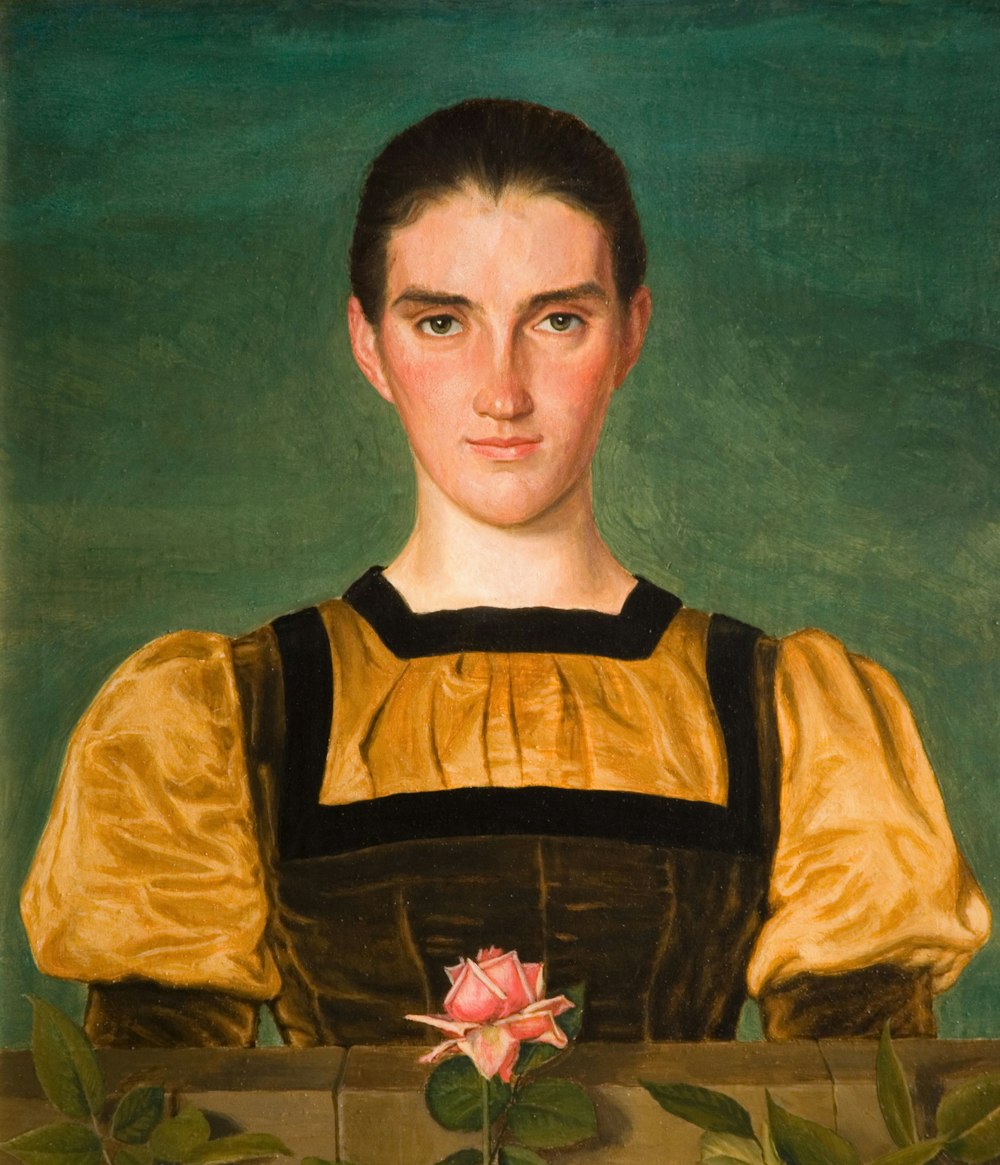 Una pintura de una mujer con una rosa en la mano