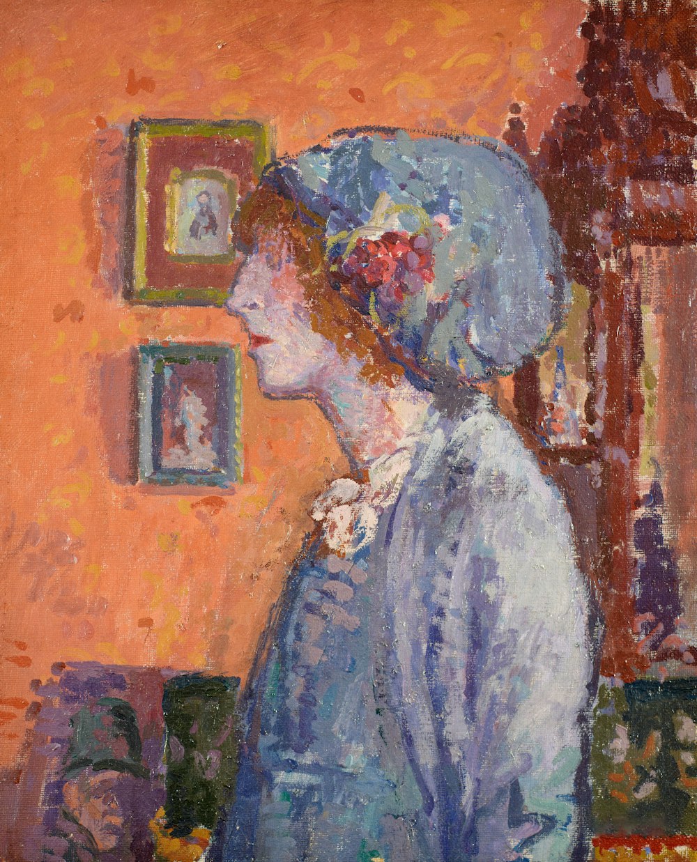 a painting of a woman in a blue dress