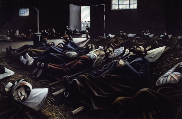 A compassionate volunteer comforting a wounded survivor in a sunlit room.