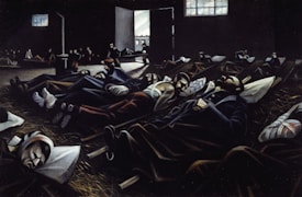A dimly lit room filled with several people lying on the floor, appearing to be resting or injured. The scene has a somber atmosphere with light streaming in through a window and an open door, illuminating parts of the room.