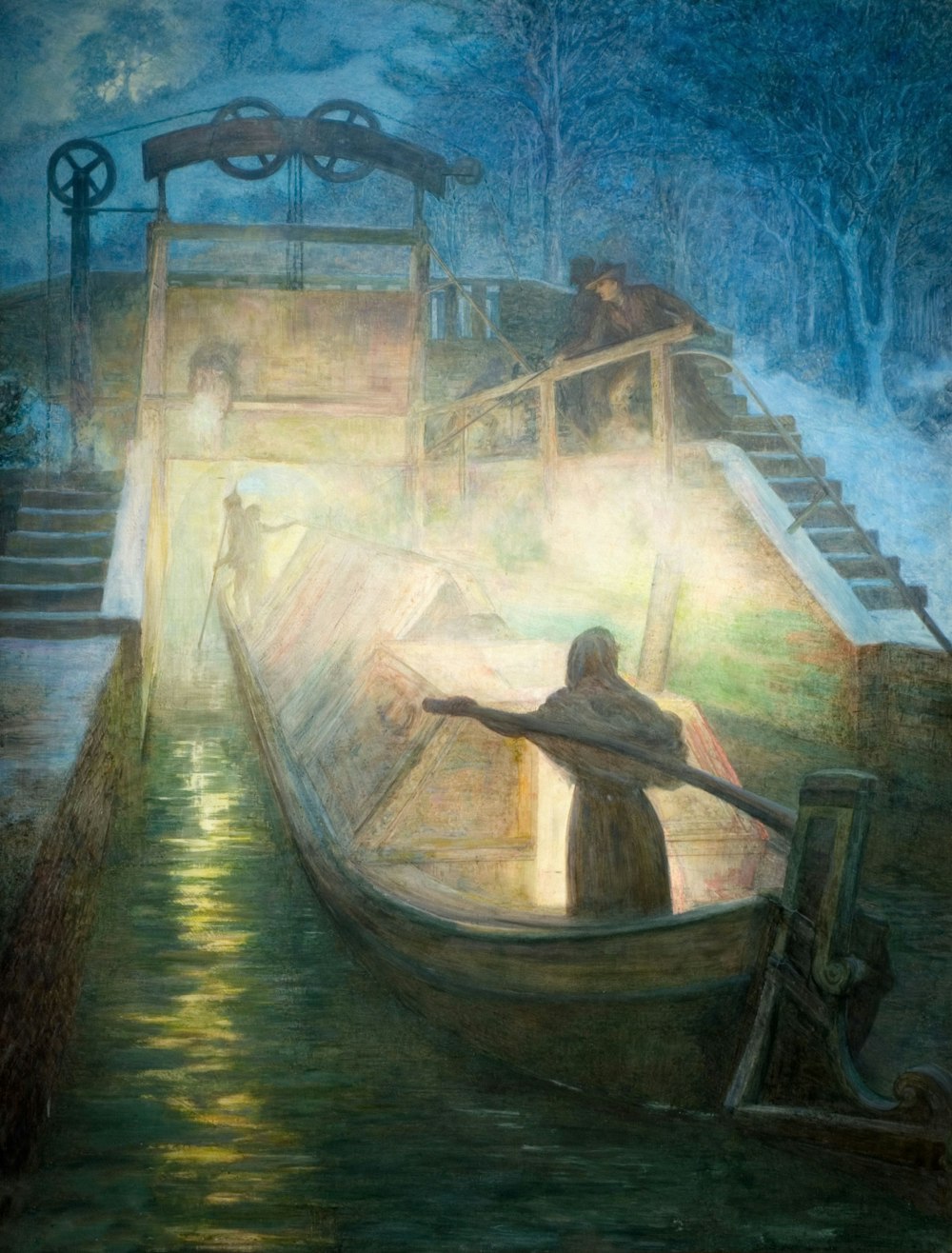 Una pintura de un hombre en un bote en el agua