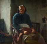 A peaceful living room setting with an elderly woman knitting by a fireplace.