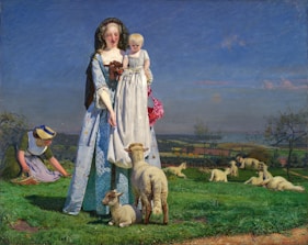 A woman in an elegant blue dress holding a child is standing in a pastoral landscape. She is surrounded by sheep and a young girl in traditional clothing gathering flowers. The setting is idyllic, with rolling green fields and a clear blue sky.
