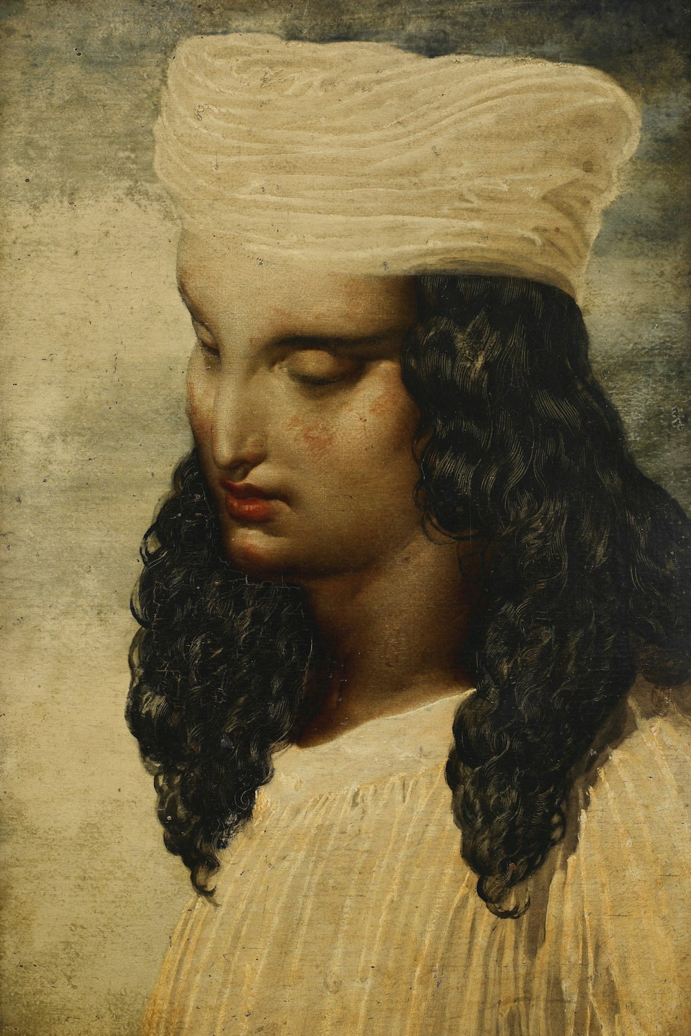 a painting of a woman wearing a white hat