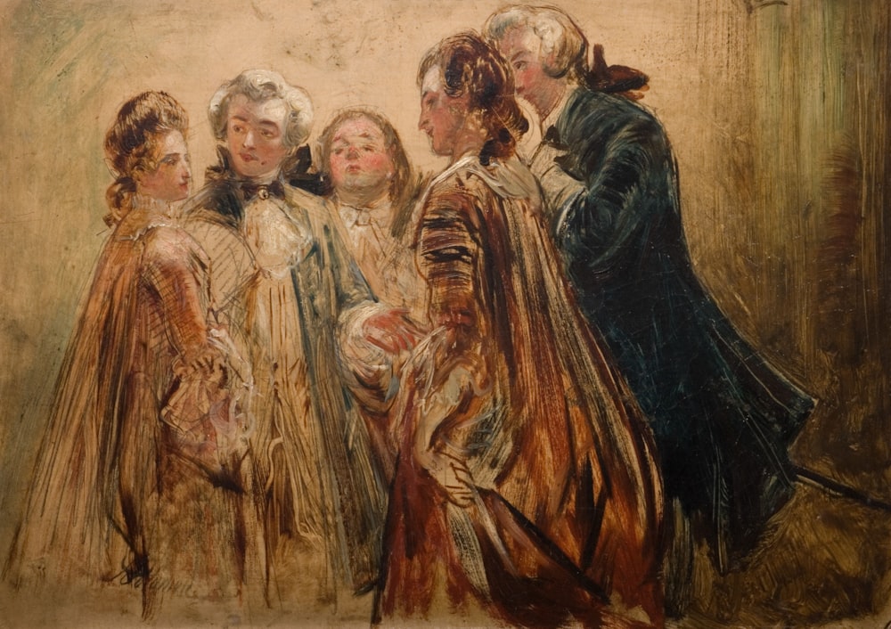 a painting of a group of people standing next to each other