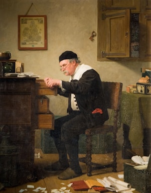 An elderly man with glasses and a black cap leans over an open desk drawer in a dimly lit room. He is surrounded by scattered papers and a ledger, suggesting an activity of accounting or scrutiny. The walls display a hanging map and a large key, indicating an interest in geography or possessions.