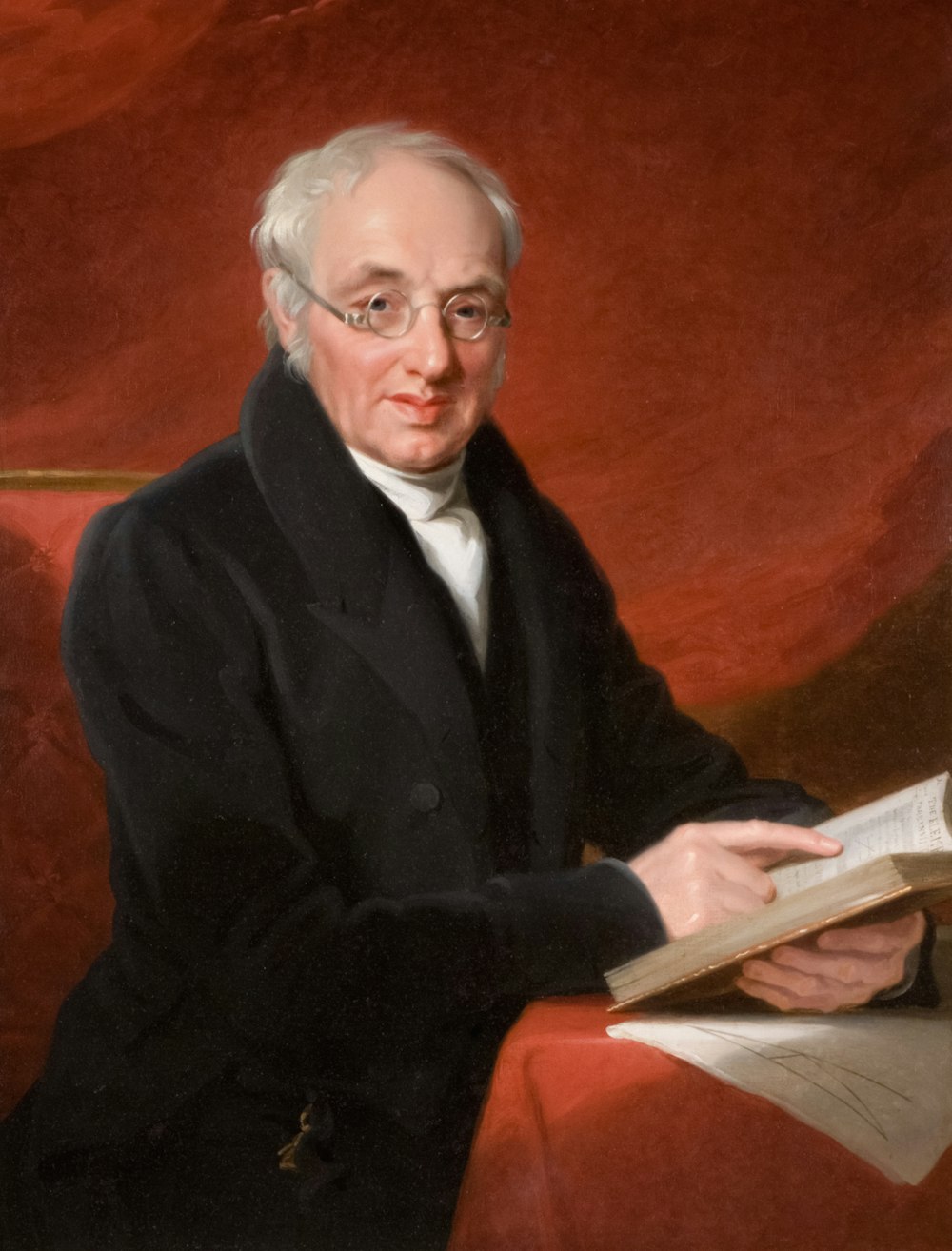 a painting of a man in a black coat and glasses reading a book