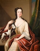 A portrait of a woman in historical attire with a small dog resting its front paws on her lap. She is seated and draped in a rich red robe contrasting with the neutral background. Her expression is calm, and she holds what appears to be a letter in her hand. The dog looks up at her affectionately.