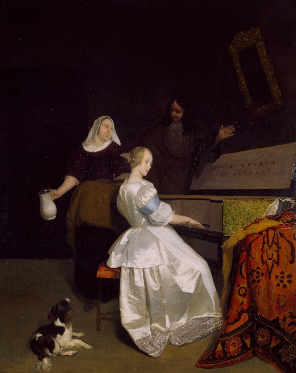 a painting of a woman sitting at a piano