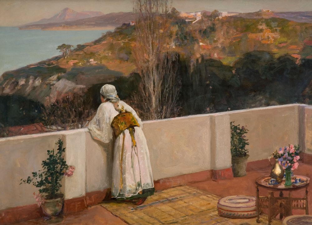 a painting of a woman standing on a balcony