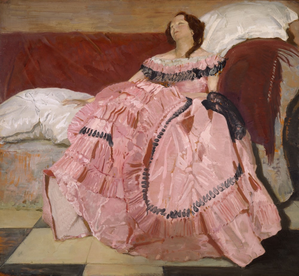 a painting of a woman in a pink dress