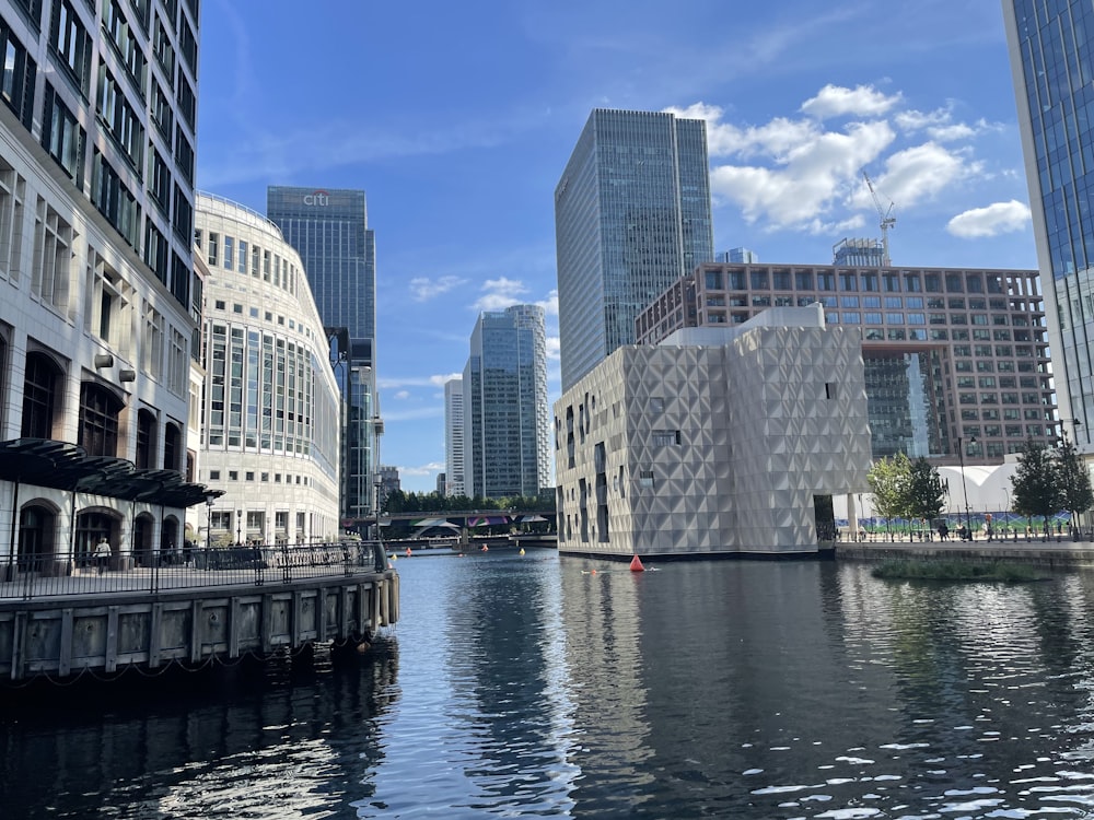 a body of water surrounded by tall buildings