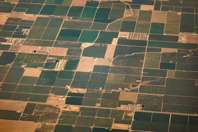 Aerial view of vast agricultural fields divided into various rectangular plots, displaying different shades of green and brown. Some areas appear to be covered in lush vegetation while others are barren. Small roads and paths interconnect these plots, and a few scattered buildings or farm structures are visible.