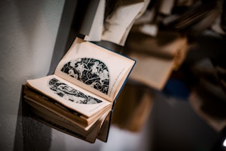 An open book with illustrated star charts on its pages, featuring constellations and celestial objects. The book is hanging on a wire or shelf, surrounded by other blurred books in the background, creating a mysterious and scholarly atmosphere.