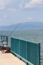 A friendly guide teaching a young angler how to cast on a sunny lakeshore.