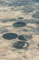 Aerial view of circular agricultural fields set in a desert landscape. These circular patterns are likely created by center-pivot irrigation systems. The surrounding area appears arid and sparse, showing a contrast between the green of the fields and the brownish tones of the land.