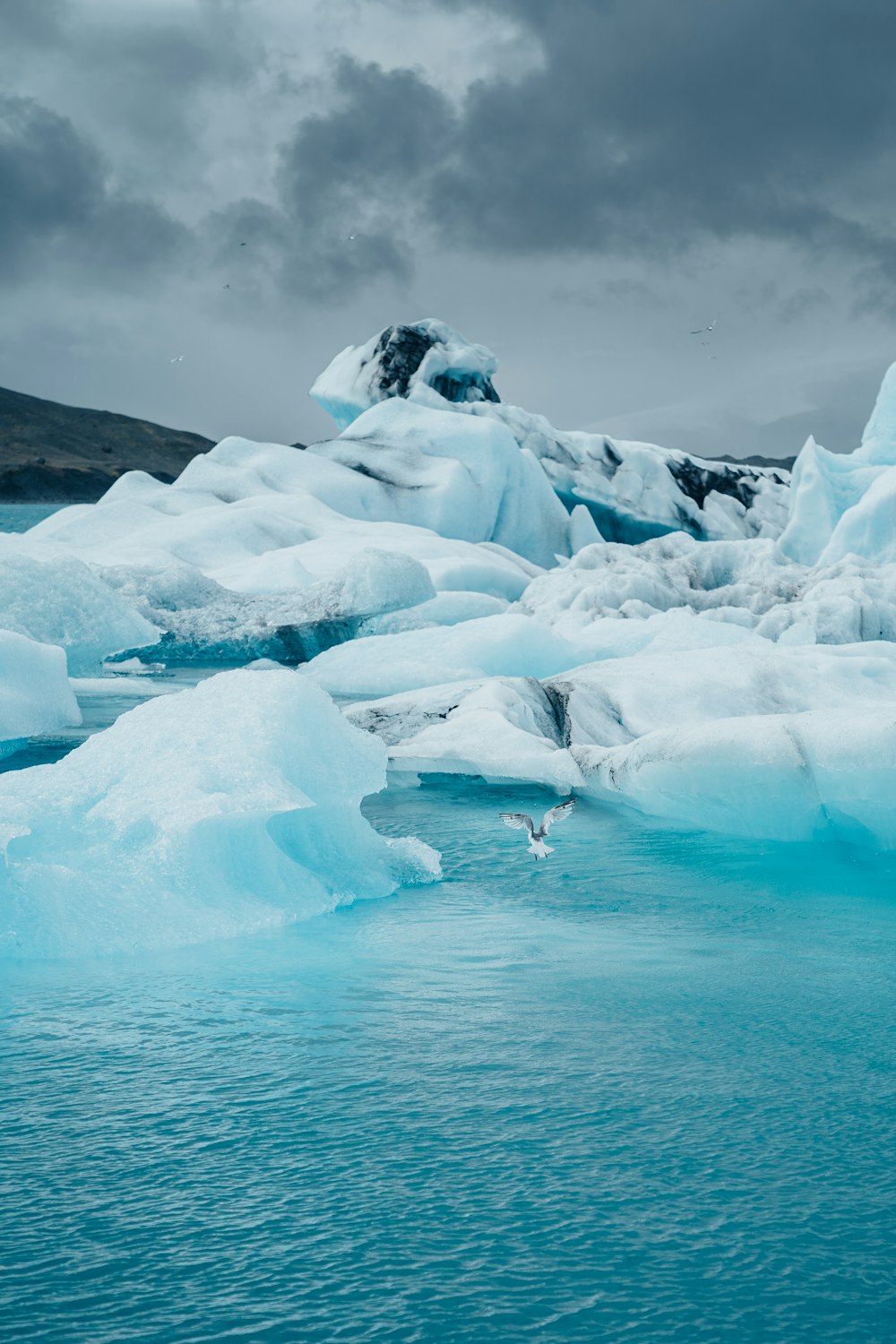 a body of water surrounded by icebergs under a cloudy sky