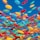 A vibrant collection of multi-colored round candies appears to be floating against a bright blue background. The candies include a variety of colors like yellow, red, blue, orange, and green, creating a dynamic and playful visual effect.
