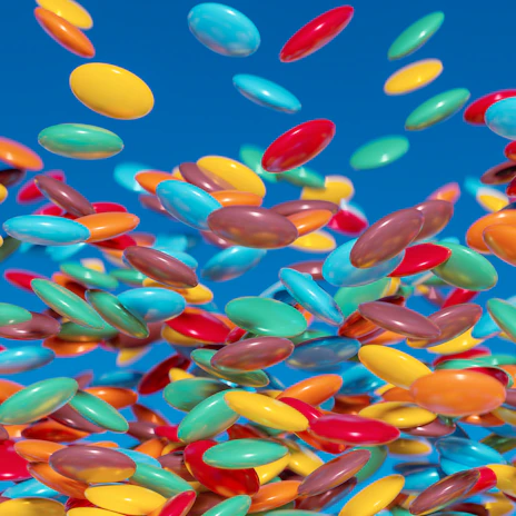 Futuristic display of liofilizados candies with shimmering neon reflections and a tech-inspired background.