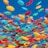 A vibrant collection of multi-colored round candies appears to be floating against a bright blue background. The candies include a variety of colors like yellow, red, blue, orange, and green, creating a dynamic and playful visual effect.
