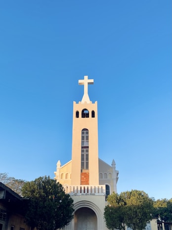 A tall church building with a prominent cross at the top, surrounded by neatly trimmed green trees and set against a backdrop of a clear blue sky.