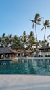 A serene swimming pool with clear water surrounded by tropical palm trees. There is a thatched-roof pavilion with sun loungers and umbrellas lining the poolside. Several people are enjoying the pool under the bright, clear blue sky.