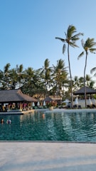 A serene swimming pool with clear water surrounded by tropical palm trees. There is a thatched-roof pavilion with sun loungers and umbrellas lining the poolside. Several people are enjoying the pool under the bright, clear blue sky.