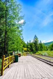 A wooden platform stretches alongside a railway track, surrounded by lush green trees under a bright blue sky. The scene is likely in a rural or forested area with no visible people. There are yellow railings and a green trash can on the platform, with hills visible in the distance.