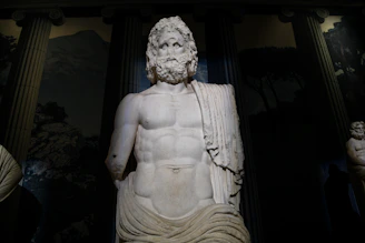 An epic gym scene blending ancient Greek mythology with modern fitness, showing a hero lifting weights surrounded by mythical symbols.