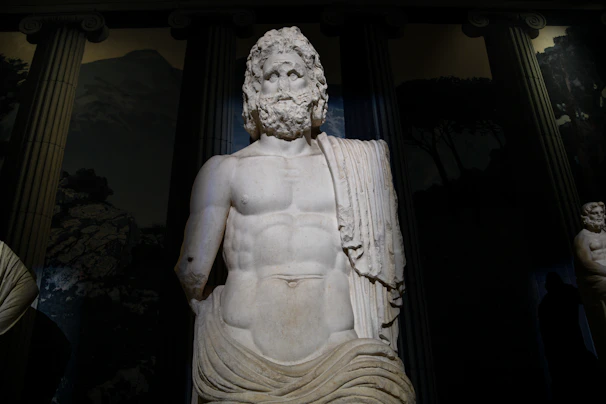 An epic gym scene blending ancient Greek mythology with modern fitness, showing a hero lifting weights surrounded by mythical symbols.