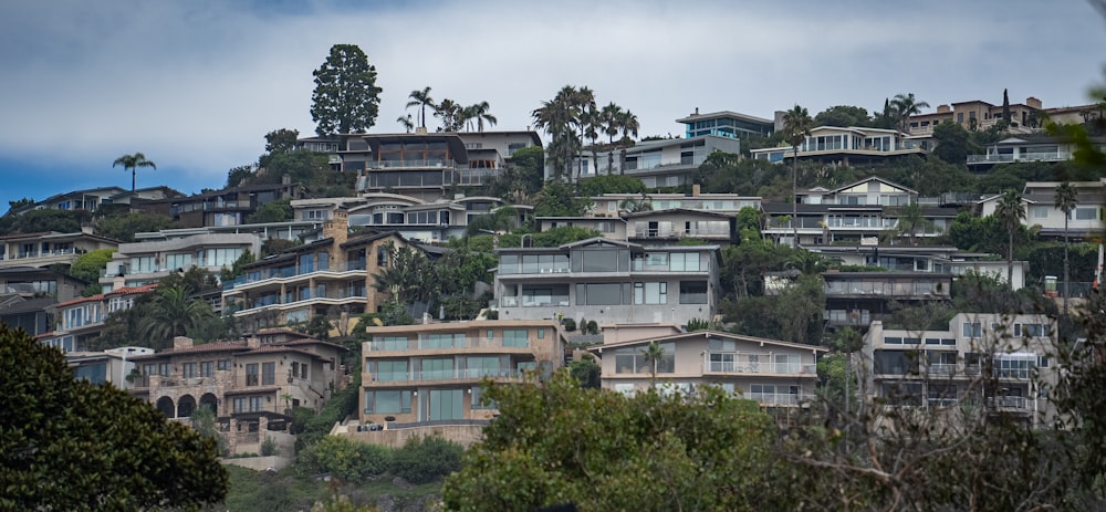 a hillside of houses on a cloudy day