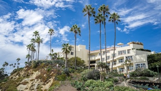 A luxurious hillside building with cream-colored walls is surrounded by lush greenery and tall palm trees. The sky above is bright blue with scattered white clouds, and people are walking along a landscaped pathway leading up to the building.