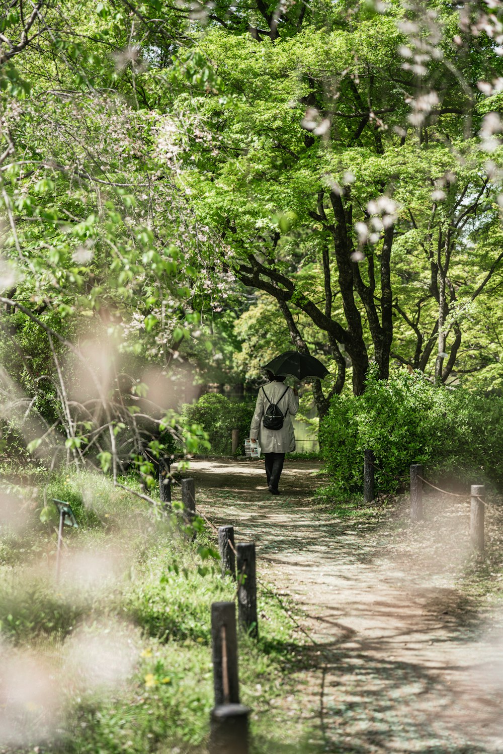 a person walking down a path with an umbrella