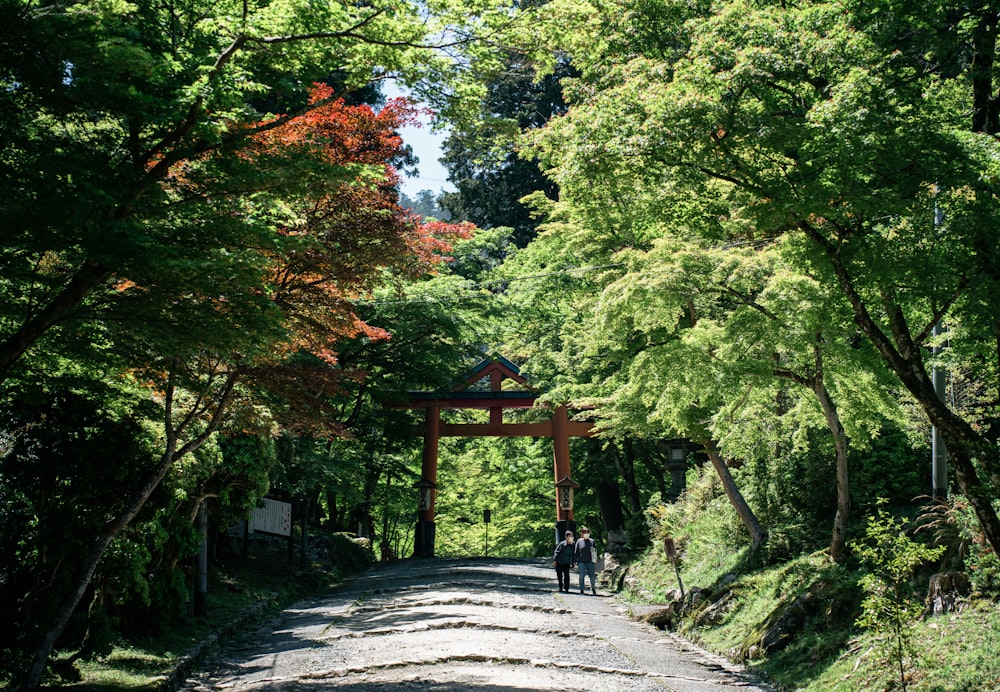 a couple of people walking down a dirt road