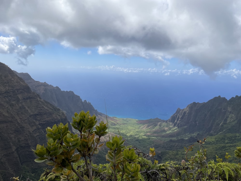 a view of a mountain range with a body of water in the distance