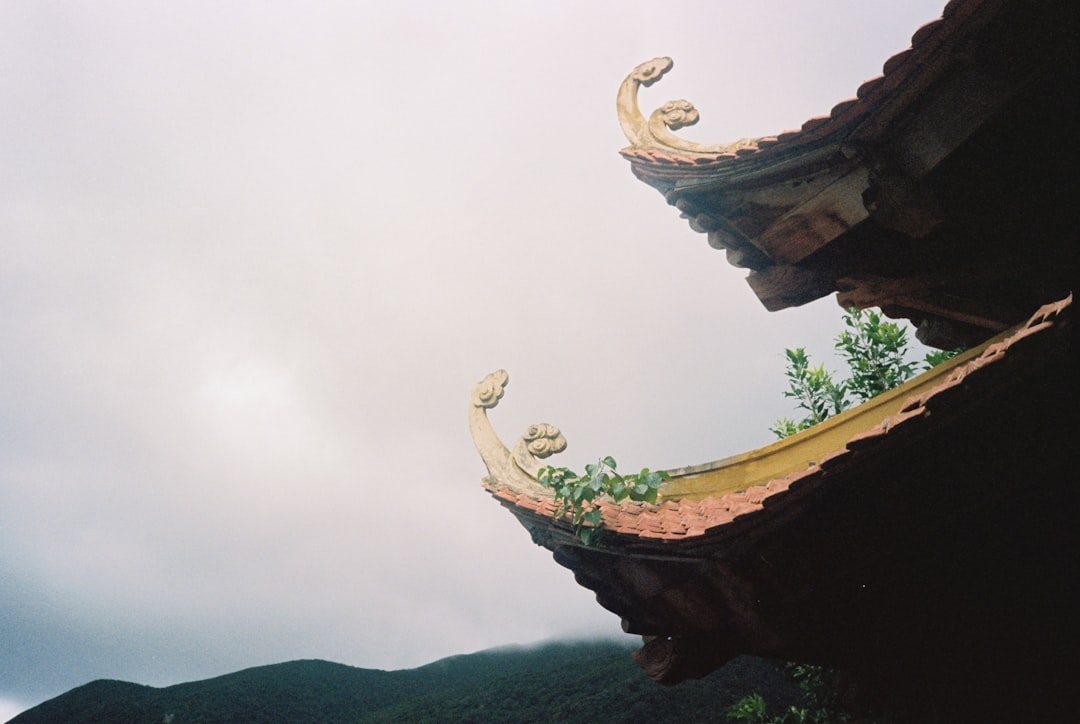 the roof of a building with a mountain in the background, Van Son pagoda on Con Dao Island