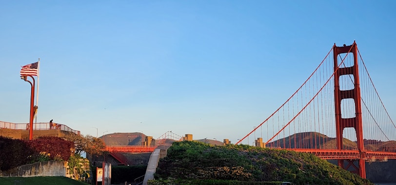 Golden Gate Bridge glowing at sunset with a clear sky.