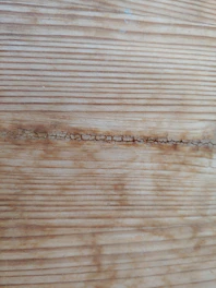 Close-up of a craftsman carefully filling a wooden floor crack with matching wood filler.