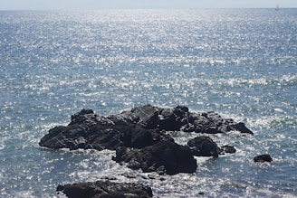 Sunlight sparkling on calm ocean waves with a sailboat silhouette in the distance