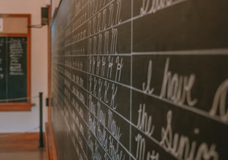 a blackboard with writing on it in a room
