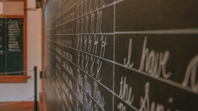 a blackboard with writing on it in a room