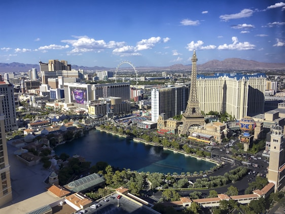 a view of a city with a lake in the middle of it