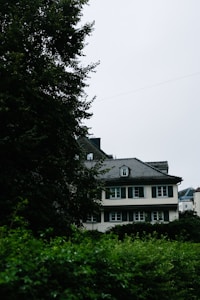 A house with a traditional design featuring a slate roof and multiple windows partially obscured by lush greenery. The building is nestled among trees and bushes, creating a serene and secluded atmosphere.