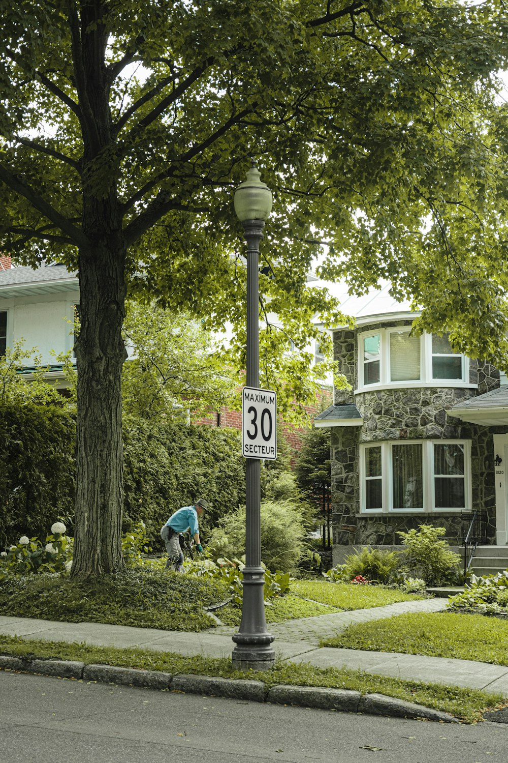 a street sign on a pole in front of a house