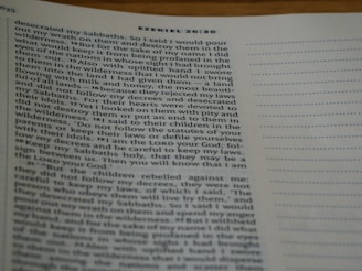 A close-up of a page from a Bible featuring text from Ezekiel 20:30. The left side has text while the right side displays a section of blank lines. The text is printed in black ink on off-white paper.