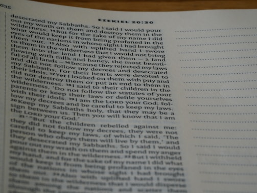A close-up of a page from a Bible featuring text from Ezekiel 20:30. The left side has text while the right side displays a section of blank lines. The text is printed in black ink on off-white paper.