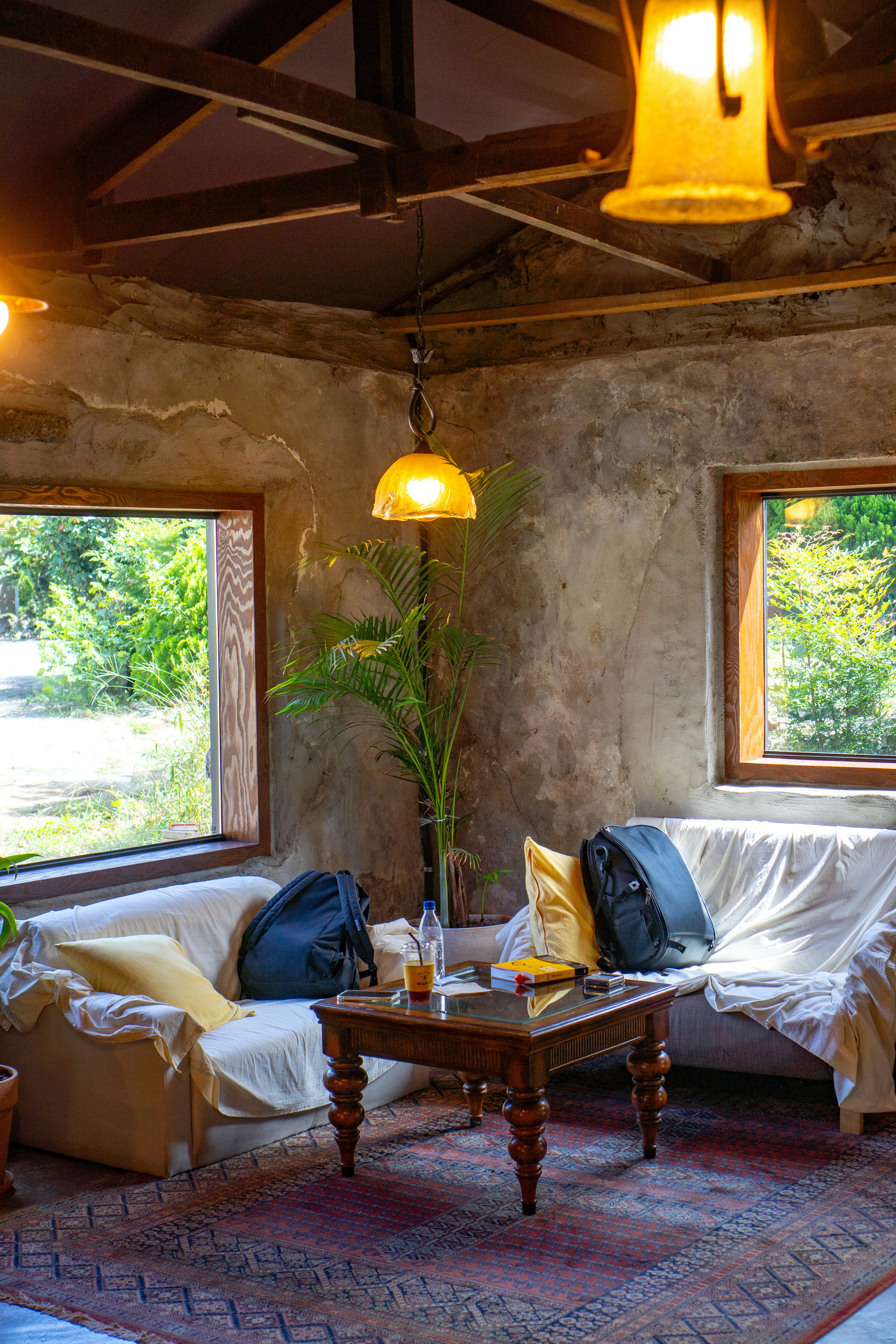 A cozy room with rustic walls and large windows featuring greenery outside. A plant is placed in the corner next to two white couches, covered with sheets and adorned with yellow pillows. A wooden coffee table holds books, a bottle, and other small items, while a patterned rug lies beneath. Two backpacks rest on the couches. Hanging lights cast a warm glow.